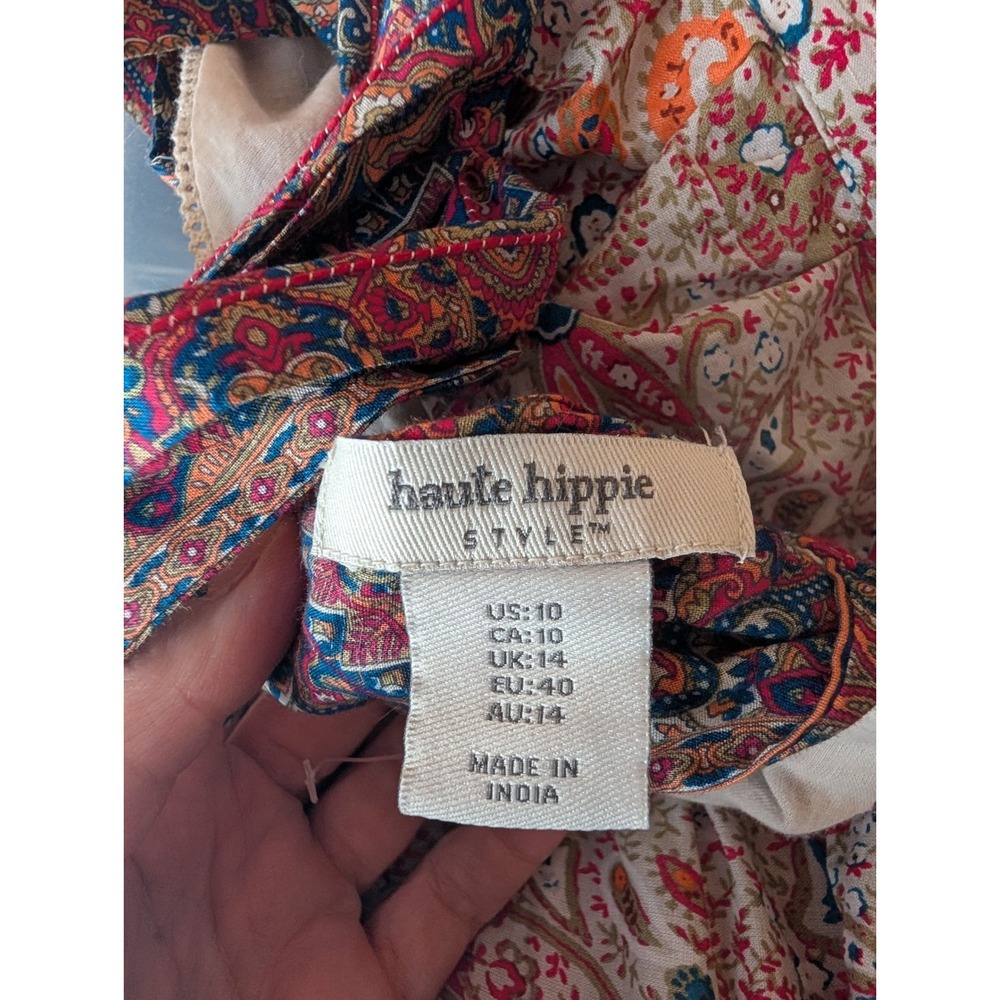 Haute Hippie Paisley Floral Maxi Dress 10 Red Blue Boho Tie Back Cottage Prairie - Picture 11 of 14